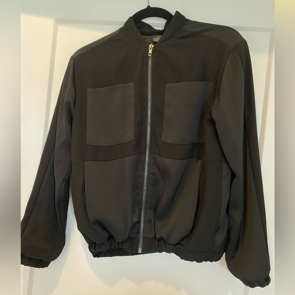 NWOT-Topshop Black Polyester Full Zip Lightweight bomber jacket w/pockets Size 4